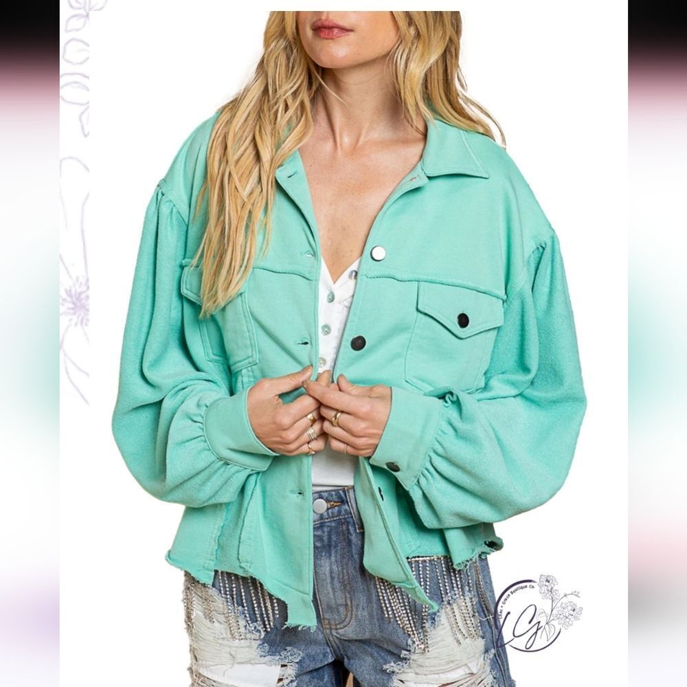 Pol French Terry Mint Shacket Oversized Button Up Raw Hem Small - Picture 3 of 8